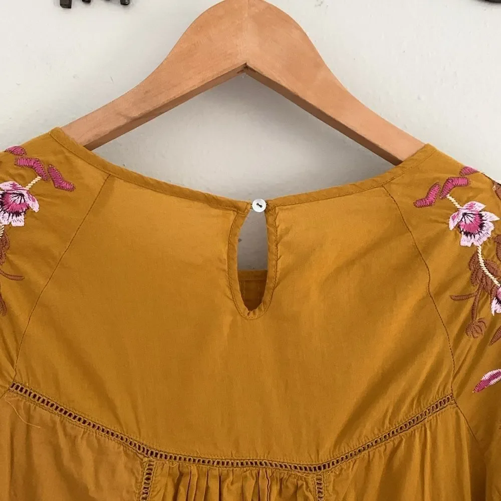 Free People Pavlo mustard yellow boho hippie floral embroidered mini dress small